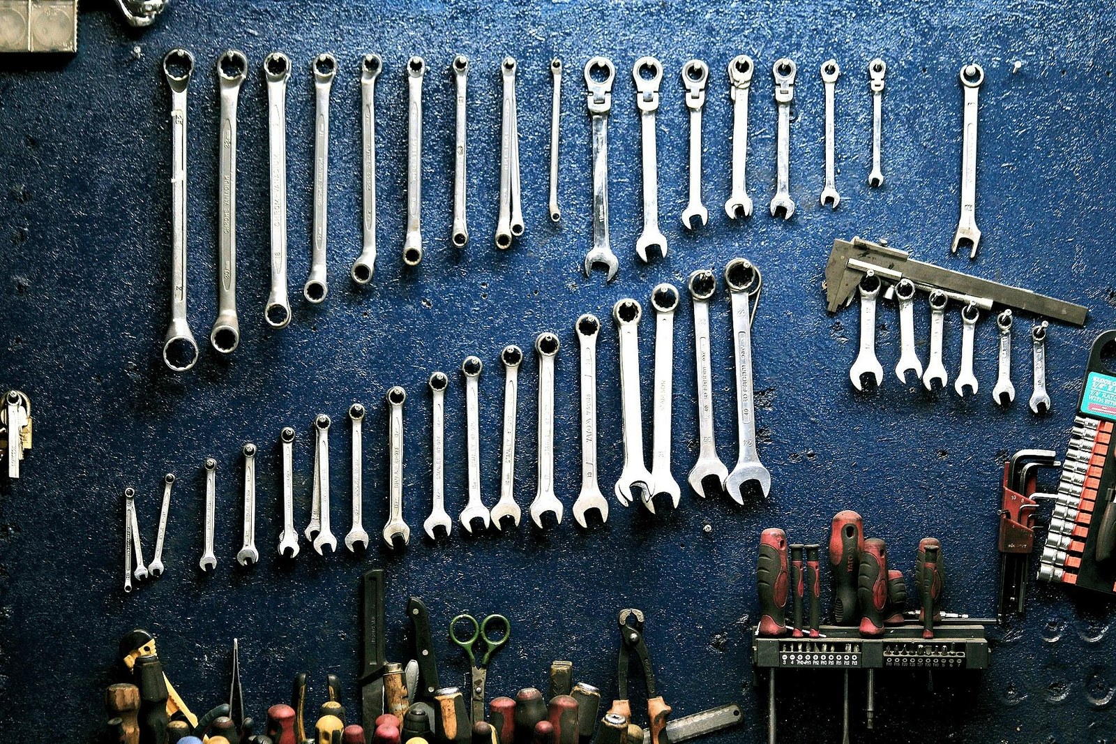 A neatly organised wall of hand tools